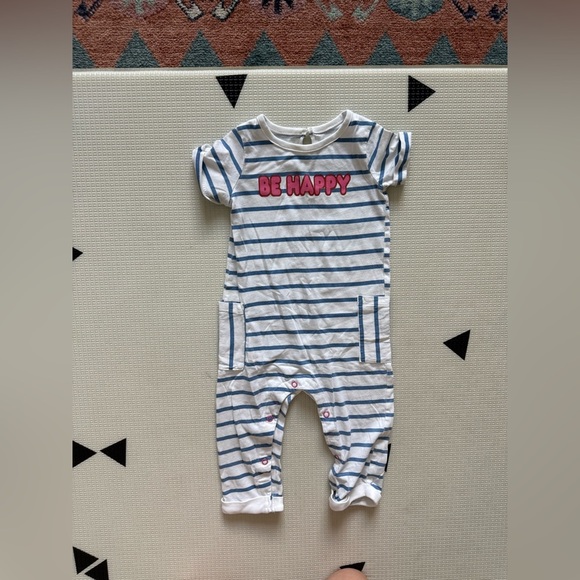 Okie Dokie|Baby girl Striped nautical jumpsuit with 'Be Happy' Print•••boho 12M - Picture 1 of 5
